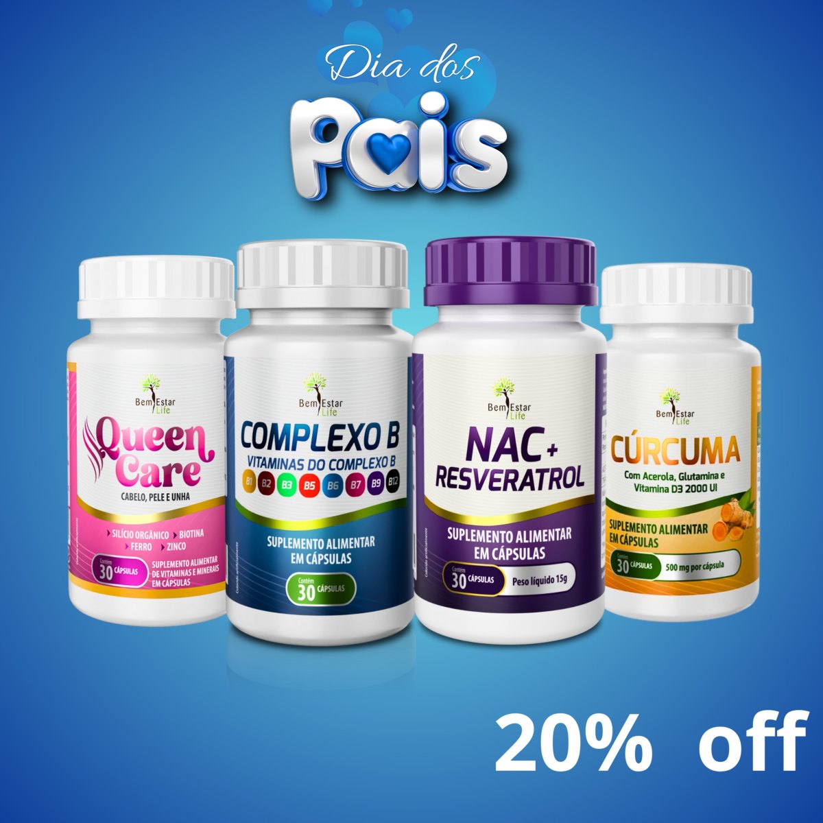 20% KIT CANETA: COMPLEXO B 30 CAPS. - CURCUMA 30 CAPS - QUEEN CARE 30 CAPS (CABELO E UNHA) - NAC + RESVERATROL 30 CAPS.