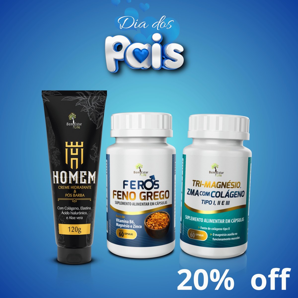 20% DESCONTO FENO GREGO FEROS 60 CAPS. + TRIMAGNESIO COM ZMA 60 CAPS + CREME FACIAL POS BARBA 120 GR.