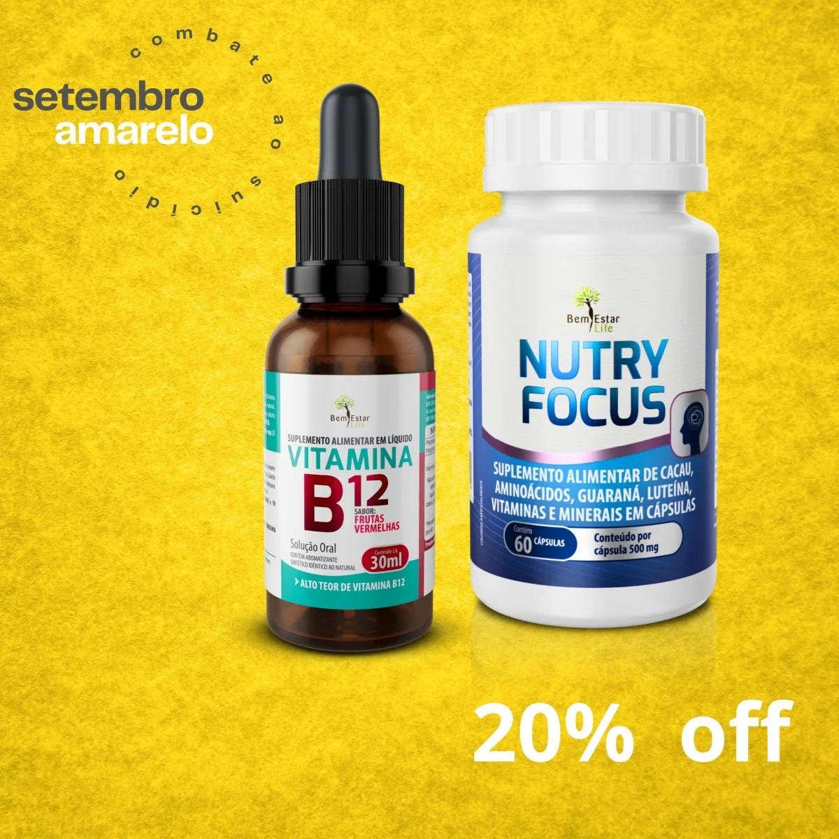 20% DESCONTO, NUTRY FOCUS *MEMORIA* 60 CAPS. + VITAMINA B12 METILCOLABAMINA 30 ML