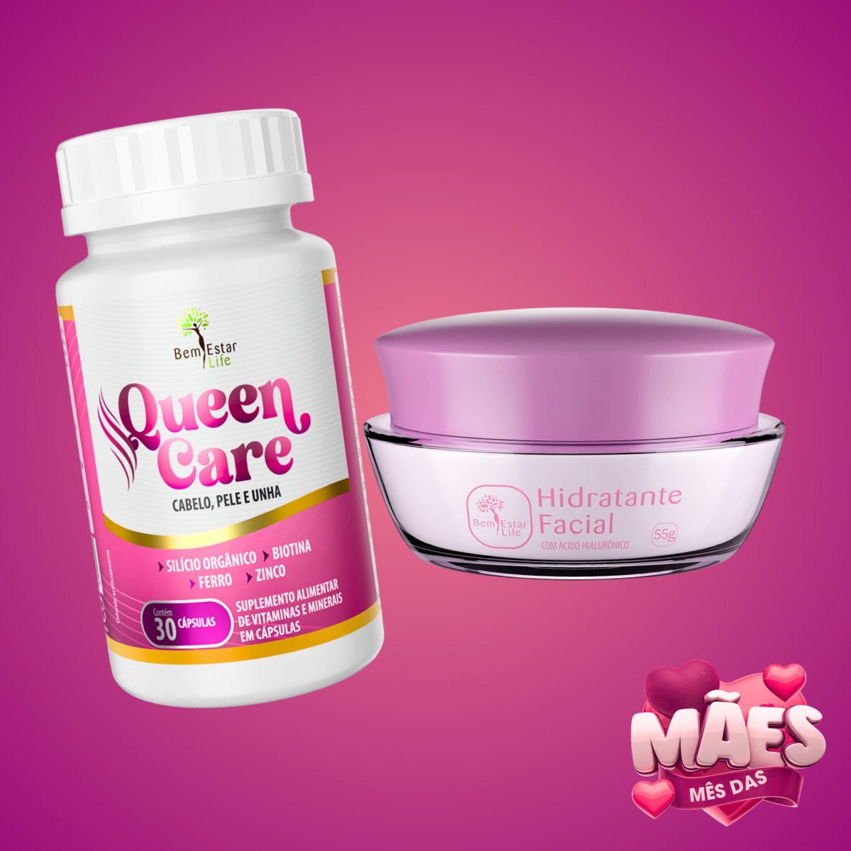 OFERTA MES DAS MAES CREME HIDRATANTE FACIAL COM ACIDO HIALURONICO 60 gr - GANHA 50% DESCONTO NO QUEEN CARE *CABELO PELE E UNHA, 30 CAPS.