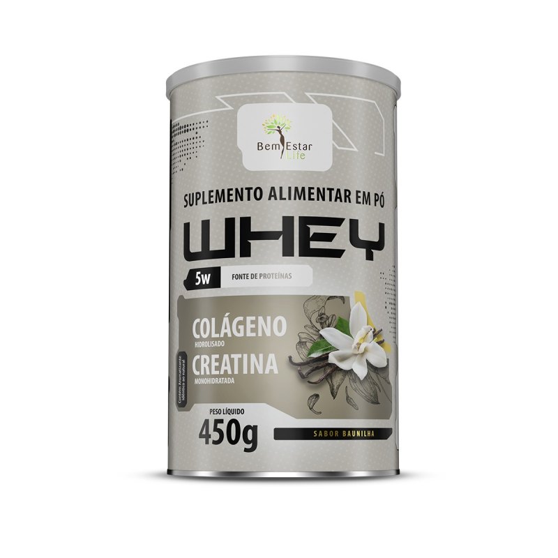 WHEY 5W 450G. Com Colágeno + Creatina, Sabor Baunilha