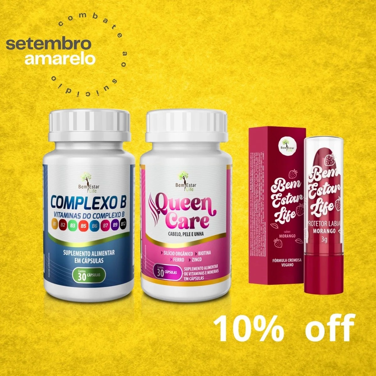10%  DESCONTO QUEEN CARE Cabelos Unhas 30 CAPS. + COMPLEXO B - 30 CAPSULAS + PRESENTE PROTETOR LABIAL MORANGO