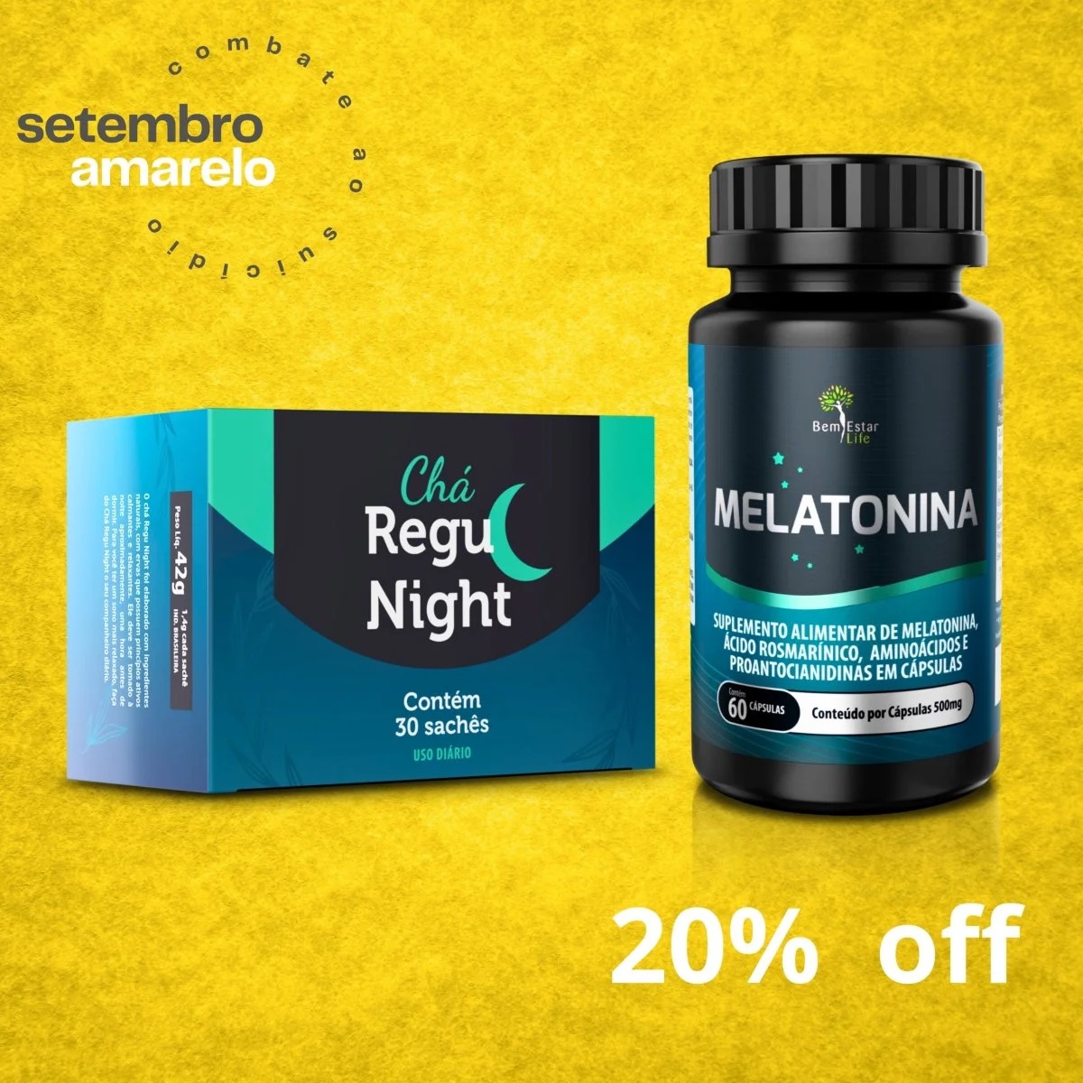20% DESCONTO - MELATONINA COM TRIPTOFANO 60 CAPS. + CHA REGU NIGHT 30 SACHE