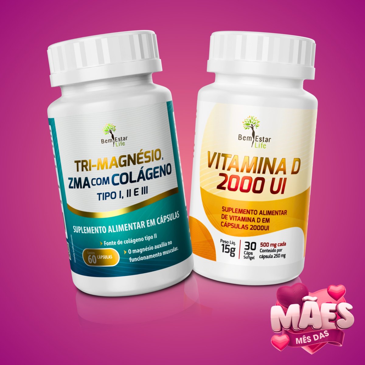 OFERTA MES DAS MAES - NA COMPRA DE TRI-MAGNESIO COM ZMA C/ COLAGENO 1,2,3, 60 CAPSULAS - BRINDE VITAMINA D3 2000UI 30 CAPSULAS