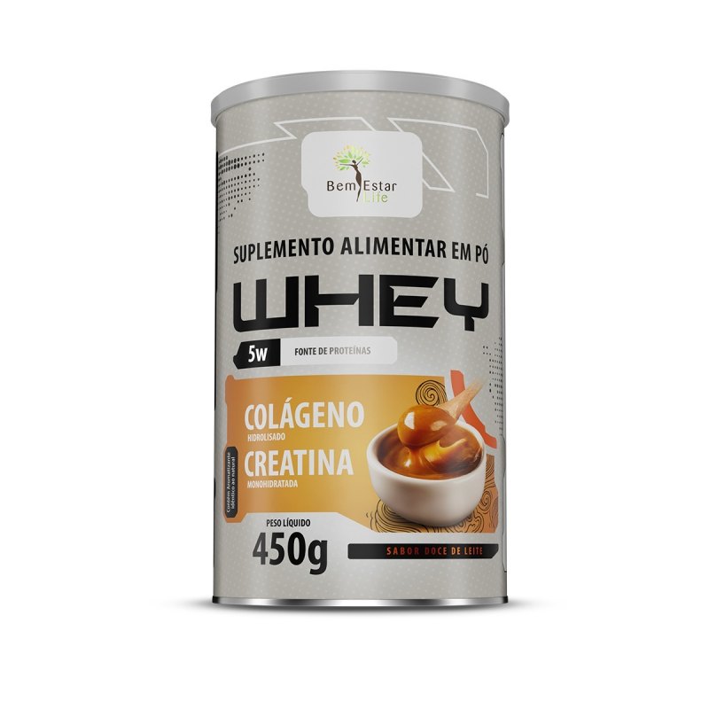 WHEY 5W 450G. Com Colágeno + Creatina, Sabor Doce de Leite